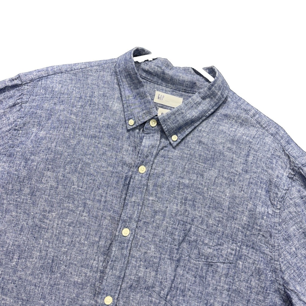 Gap Linen Blend Shirt Mens 2XL Short Sleeves Button-Down Slim Fit Blue Coastal